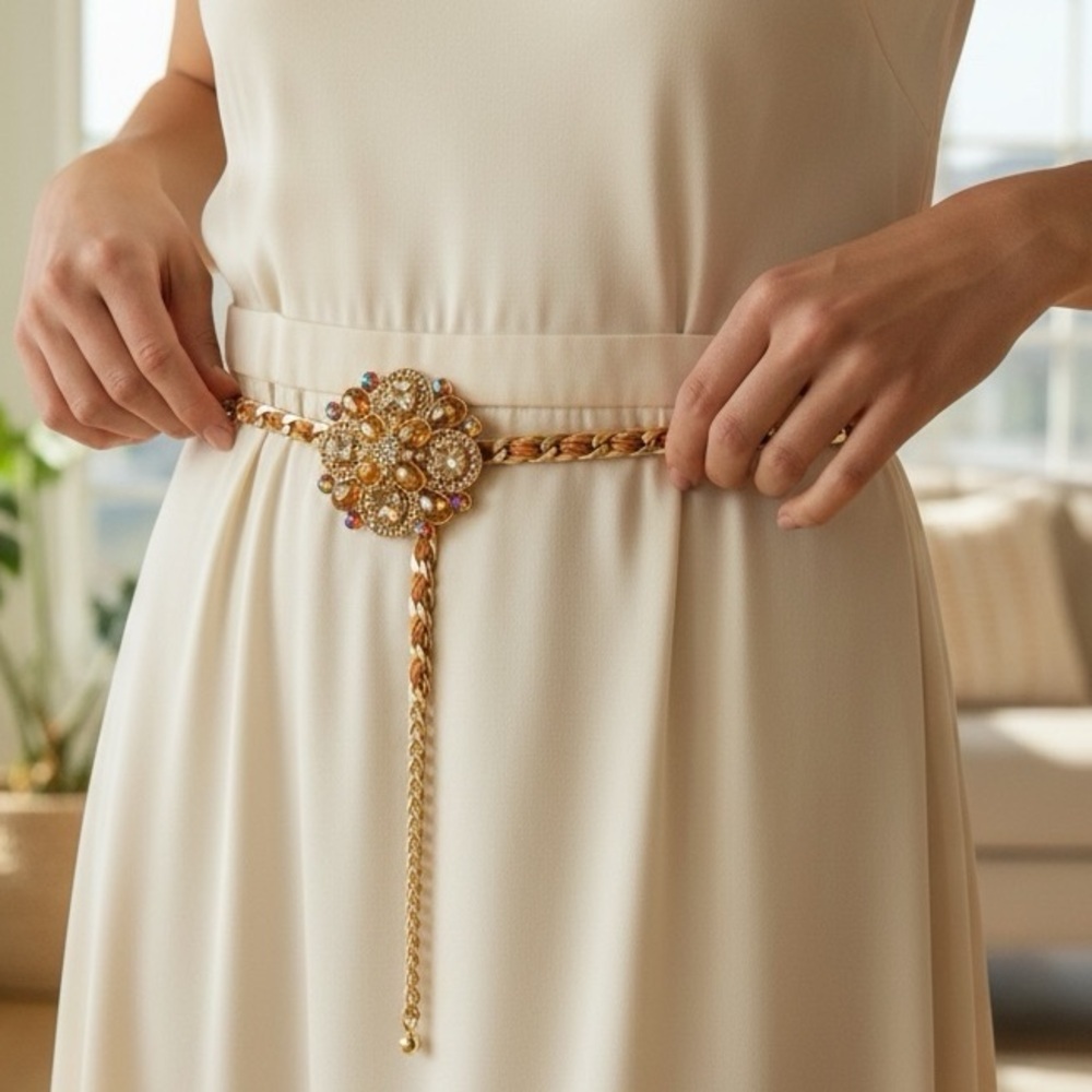 Jeweled & Rhinestone Chain Belt with Floral Accent. Gold & Brown 40” inches NWOT - Picture 11 of 11